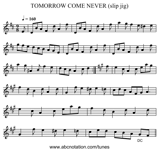 TOMORROW COME NEVER (slip jig) - staff notation