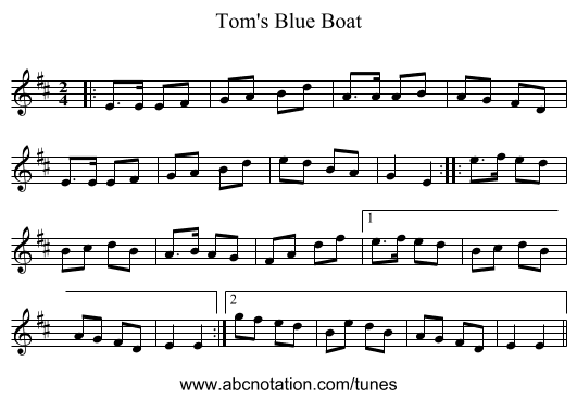 Tom's Blue Boat - staff notation