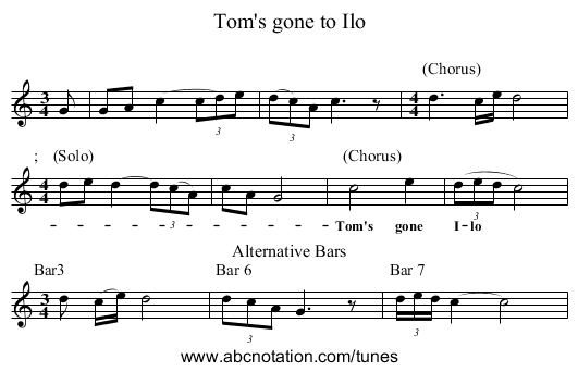 Tom's gone to Ilo - staff notation