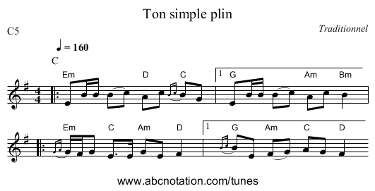 Ton simple plin - staff notation