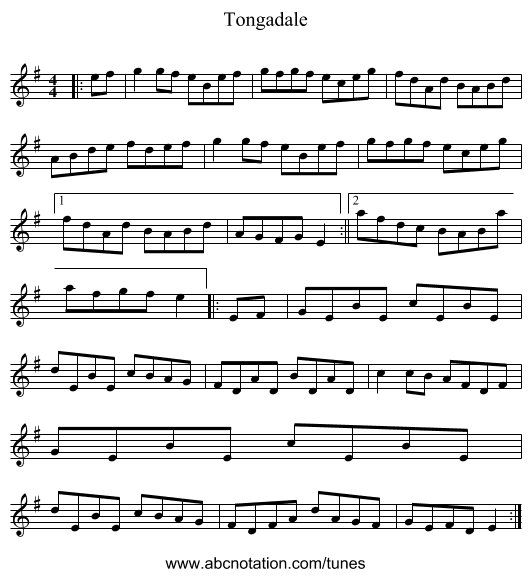 Tongadale - staff notation