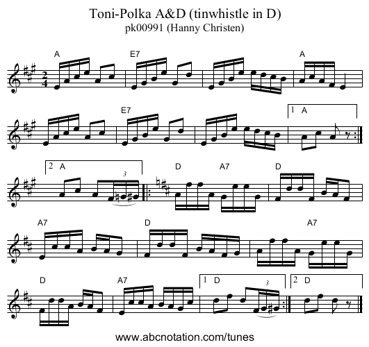Toni-Polka A&D (tinwhistle in D) - staff notation
