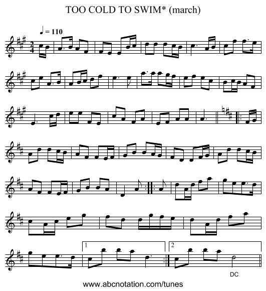 TOO COLD TO SWIM* (march) - staff notation