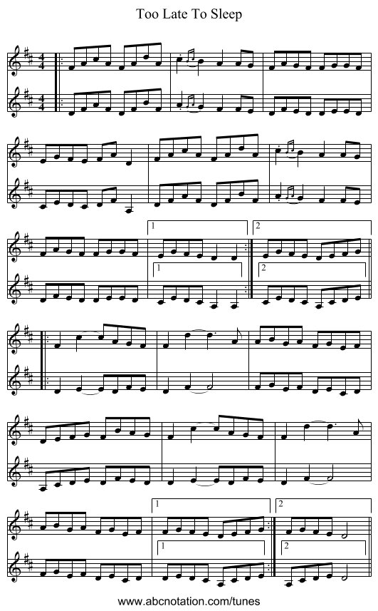 Too Late To Sleep - staff notation