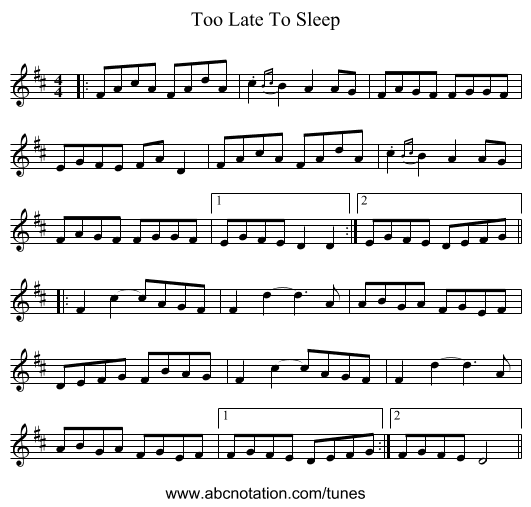 Too Late To Sleep - staff notation