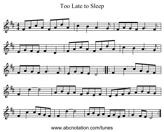 Too Late to Sleep - staff notation