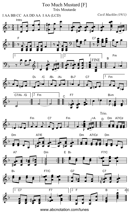 Too Much Mustard [F] - staff notation