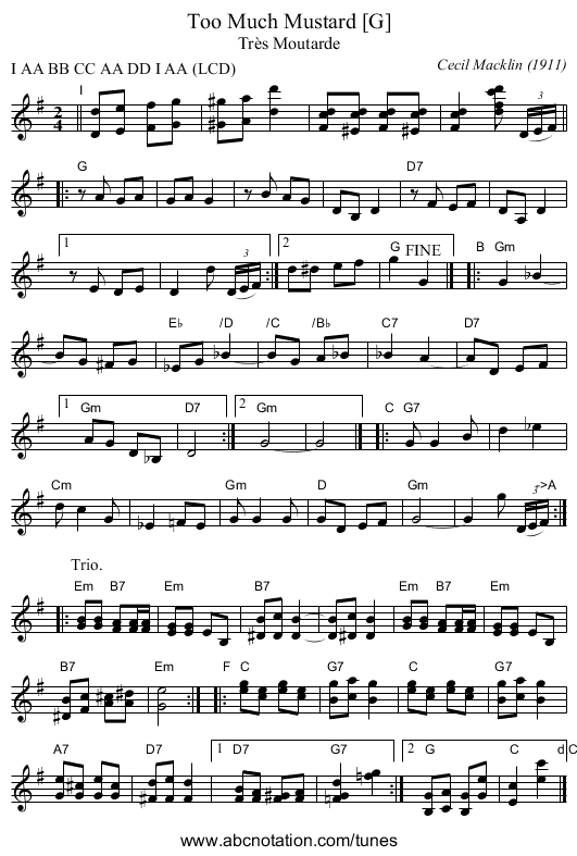 Too Much Mustard [G] - staff notation