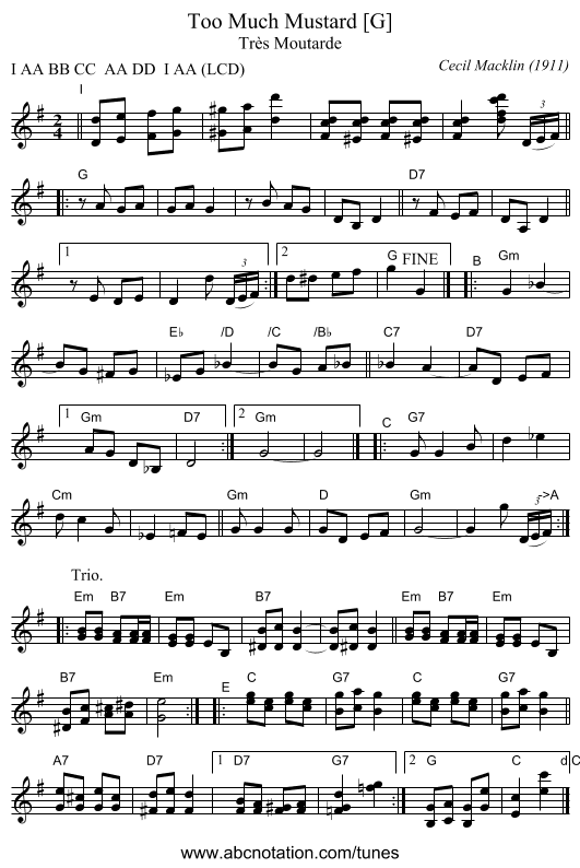 Too Much Mustard [G] - staff notation