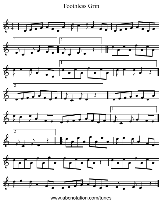 Toothless Grin - staff notation