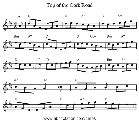Top of the Cork Road - staff notation