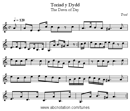 Toriad y Dydd - staff notation