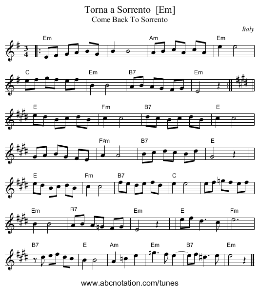 Torna a Sorrento  [Em] - staff notation