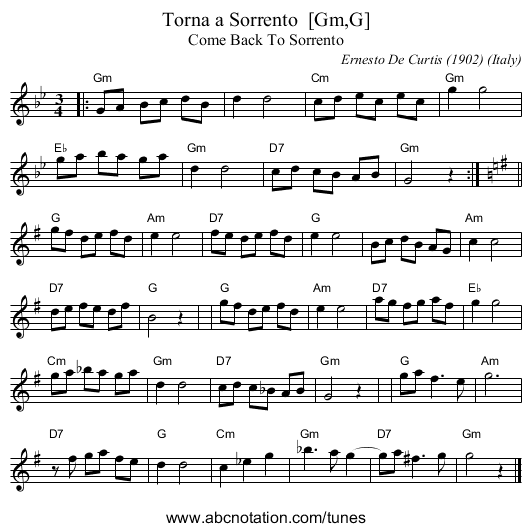 Torna a Sorrento  [Gm,G] - staff notation
