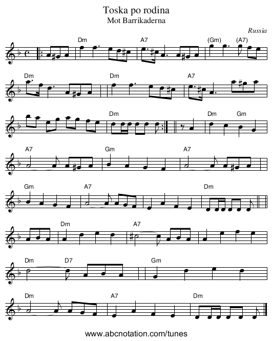 Toska po rodina - staff notation