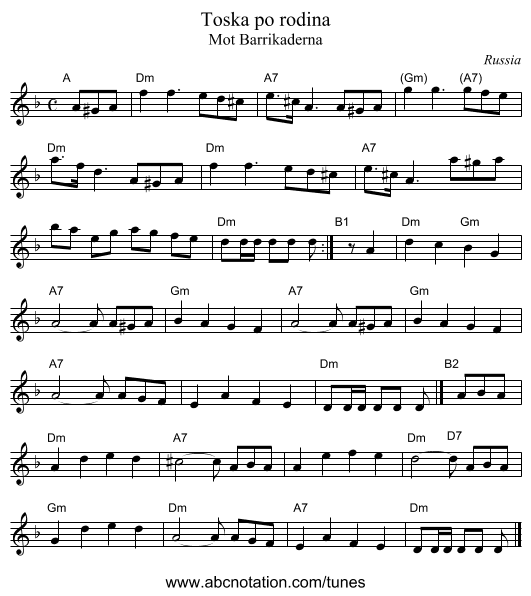 Toska po rodina - staff notation