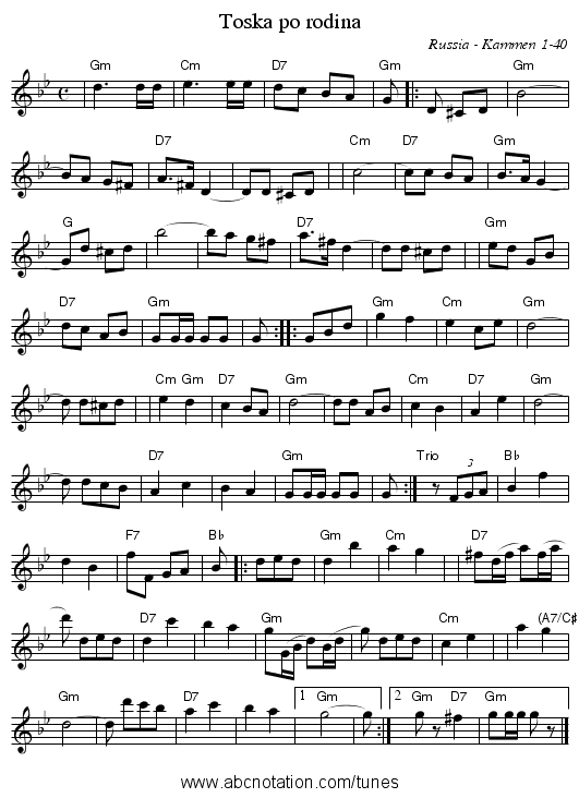 Toska po rodina - staff notation