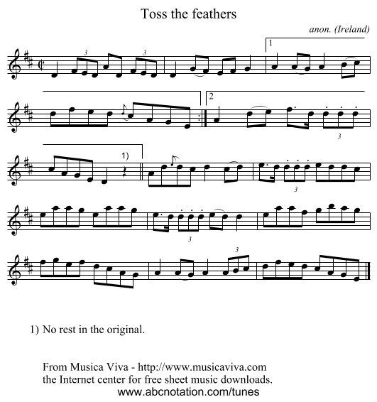 Toss the feathers - staff notation