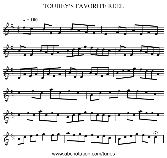 TOUHEY'S FAVORITE REEL - staff notation