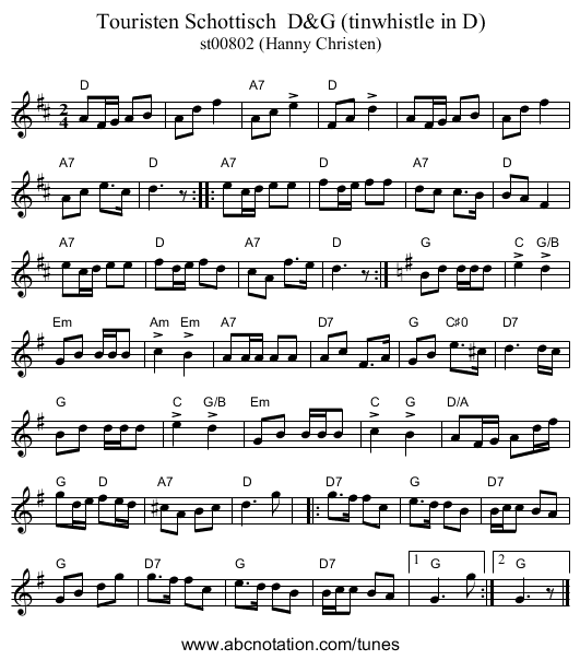 Touristen Schottisch  D&G (tinwhistle in D) - staff notation
