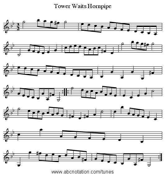 Tower Waits Hornpipe - staff notation
