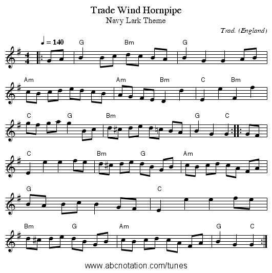 Trade Wind Hornpipe - staff notation