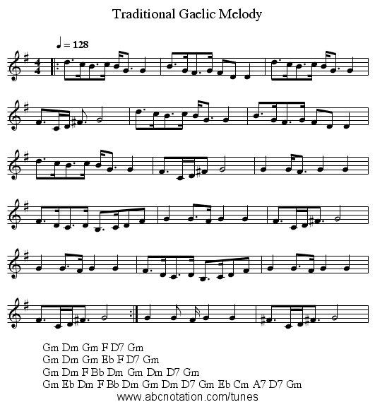 Traditional Gaelic Melody - staff notation