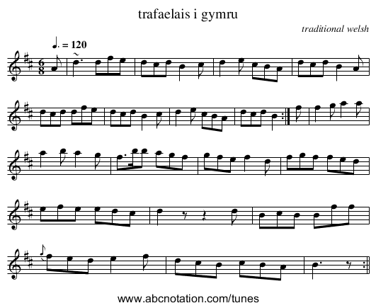 trafaelais i gymru - staff notation