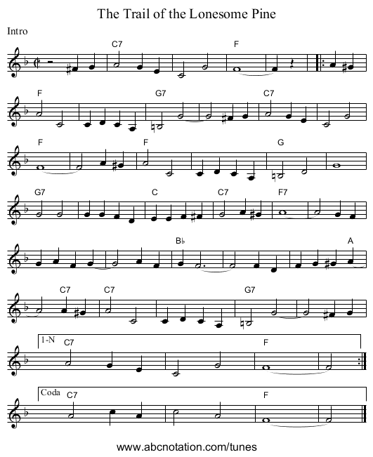 Trail of the Lonesome Pine, The - staff notation