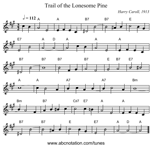 Trail of the Lonesome Pine - staff notation