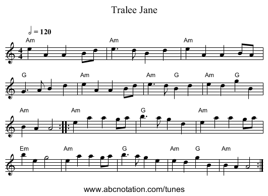Tralee Jane - staff notation