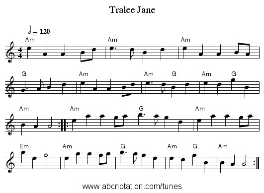 Tralee Jane - staff notation