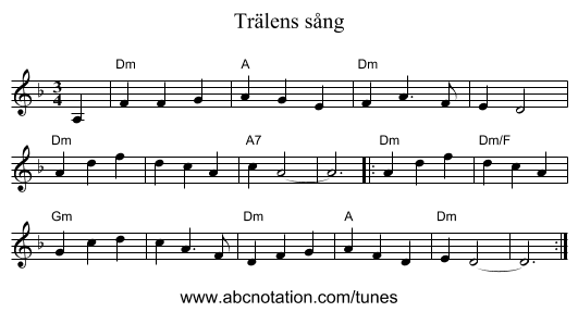 Trälens sång - staff notation