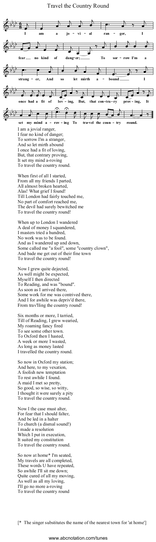 Travel the Country Round - staff notation