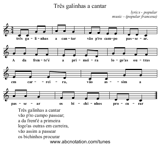 Três galinhas a cantar - staff notation