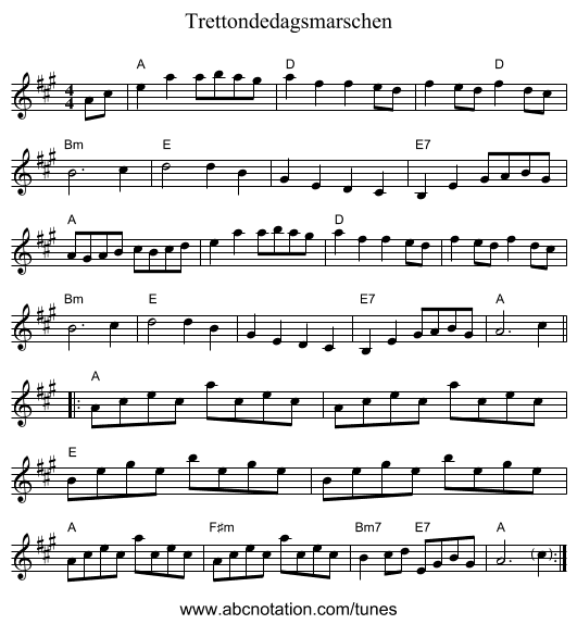 Trettondedagsmarschen - staff notation