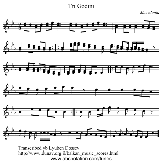 Tri Godini - staff notation