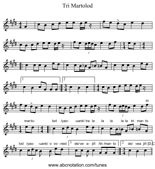 Tri Martolod - staff notation