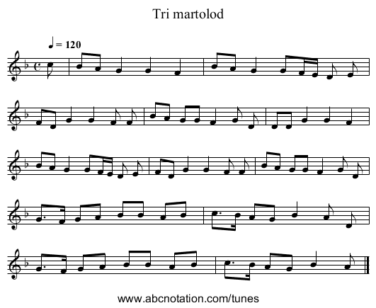 Tri martolod - staff notation