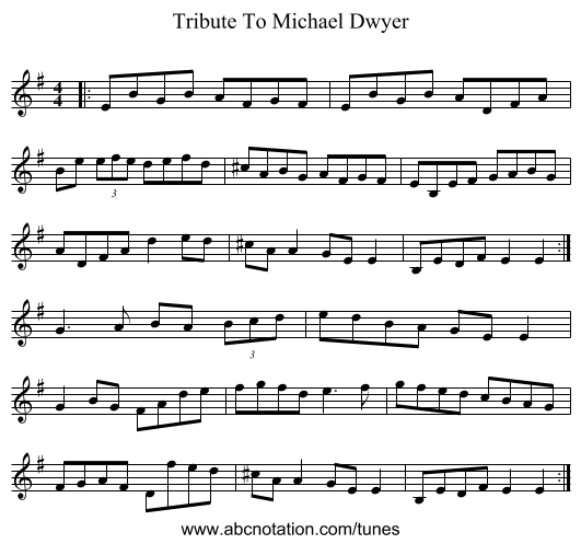 Tribute To Michael Dwyer - staff notation