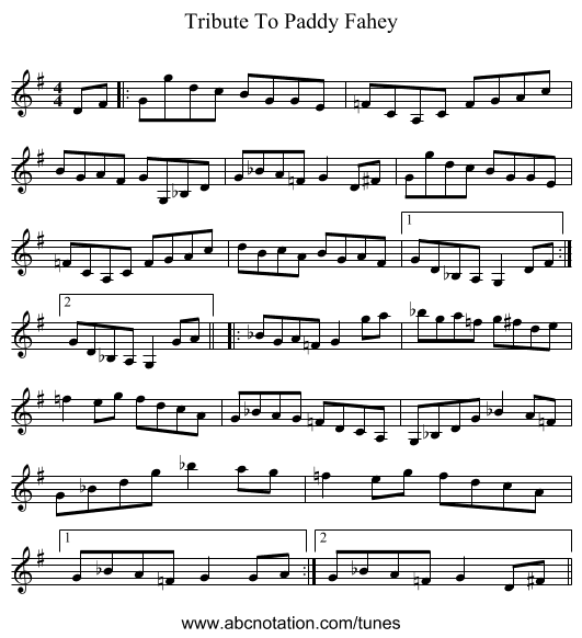 Tribute To Paddy Fahey - staff notation