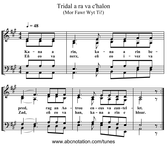 Tridal a ra va c'halon - staff notation