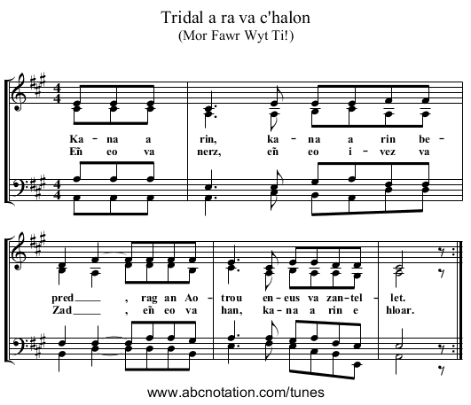 Tridal a ra va c'halon - staff notation