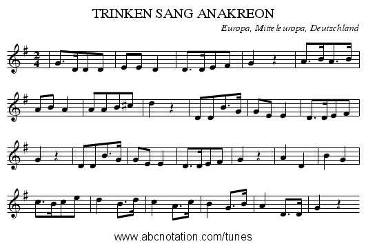 TRINKEN SANG ANAKREON - staff notation