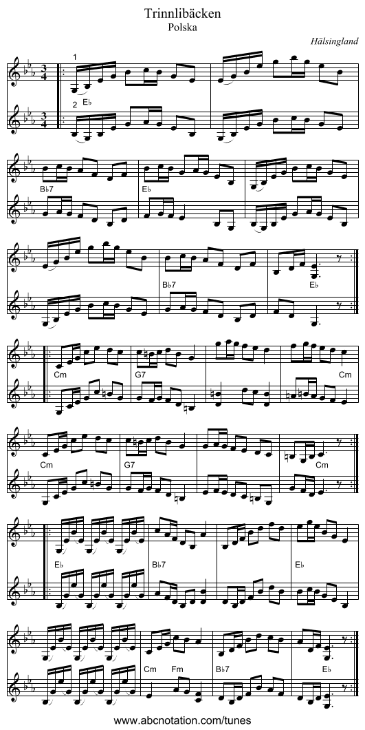 Trinnlibäcken - staff notation