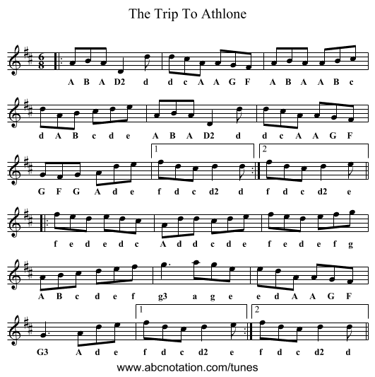 Trip To Athlone, The - staff notation