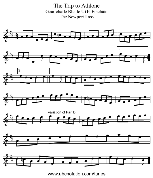 Trip to Athlone, The - staff notation