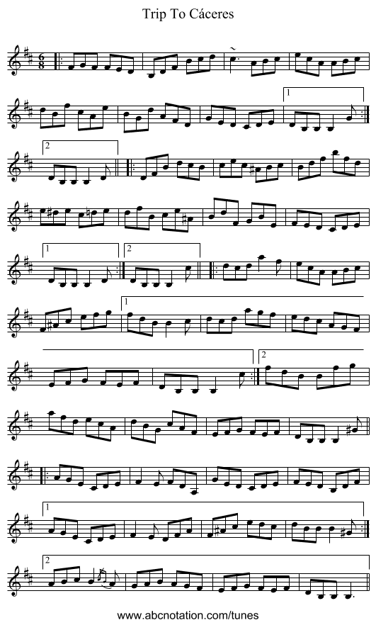 Trip To Cáceres - staff notation