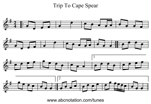 Trip To Cape Spear - staff notation