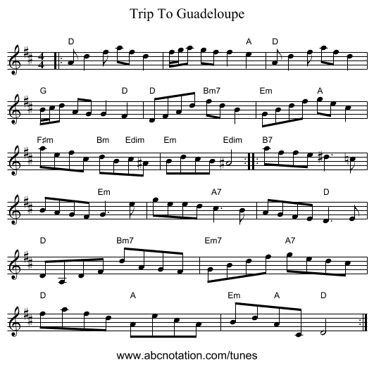 Trip To Guadeloupe - staff notation